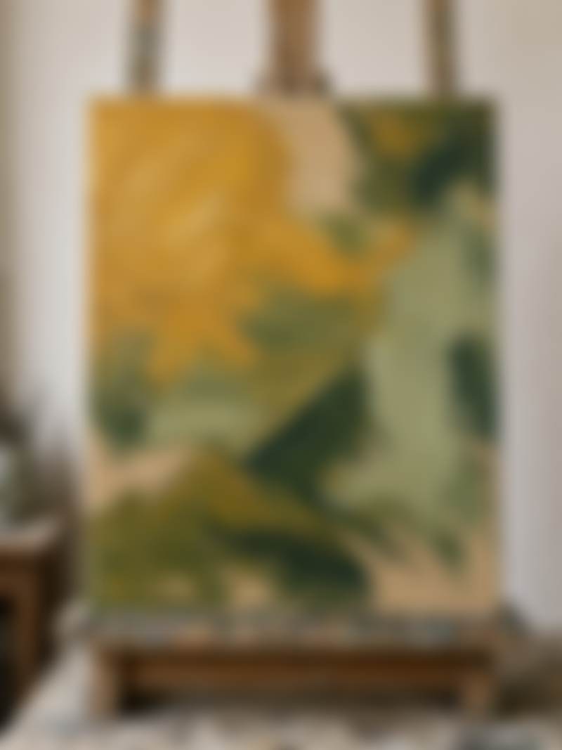 An abstract canvas on an easel, ochre and green.