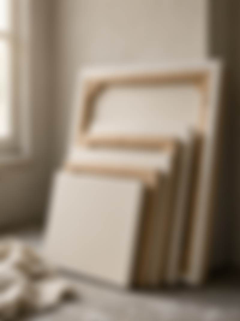 Blank canvases leaning against a studio wall.