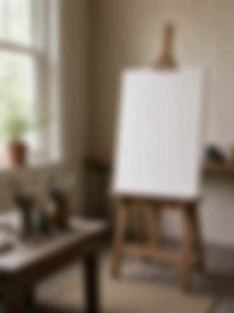 A painting studio: a wooden easel, a blank canvas, and north light.