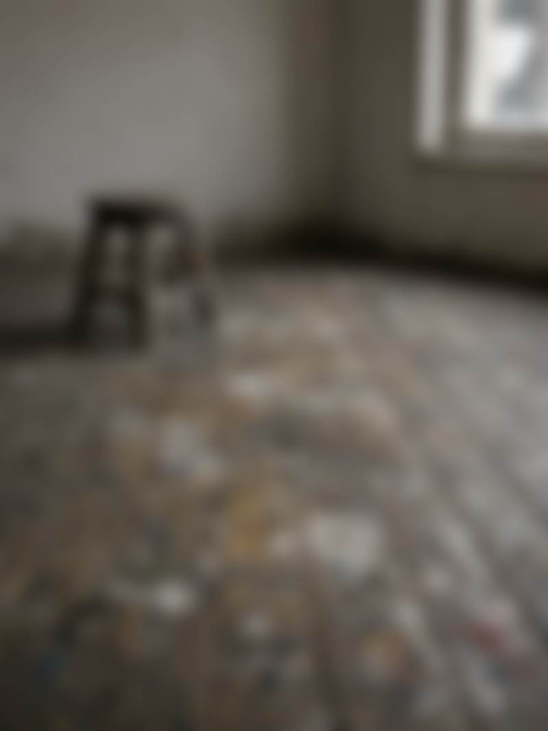 A paint-marked studio floor and a low stool.