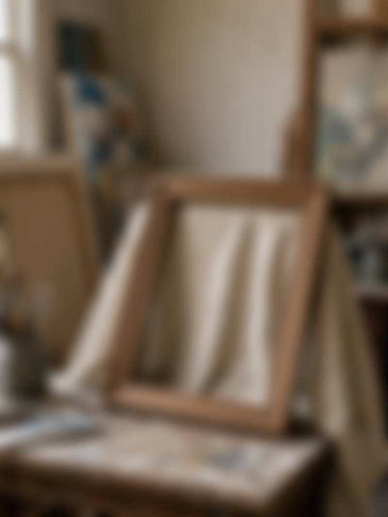 An empty wooden frame leaning in a studio.