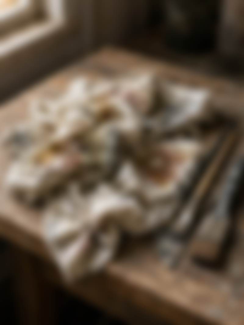 Stained cotton rags and brushes on a studio bench.